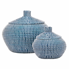 Roslyn Seagrass Round Baskets Set/2 (Navy/White) Decorative Baskets clearance deals