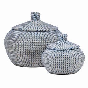Roslyn Seagrass Round Baskets Set/2 (Whitewashed/Blue) Decorative Baskets clearance deals