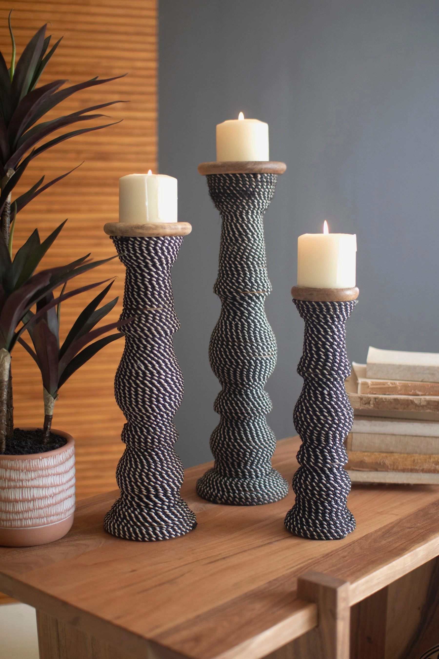 Set 3 Wooden Candle Holders Wrapped with Black & White String Candle Holders discount collection