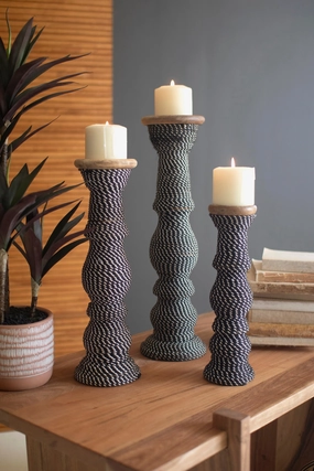 Set 3 Wooden Candle Holders Wrapped with Black & White String Candle Holders discount collection