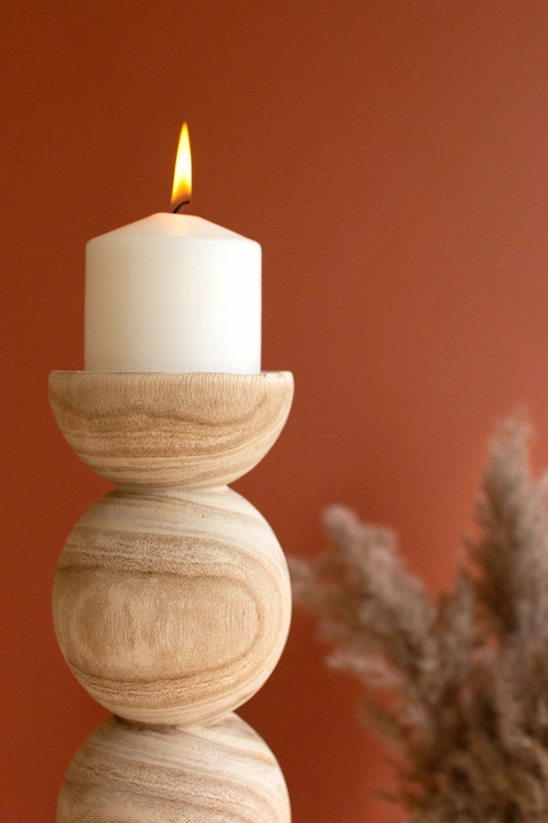 Set Of 2 Hand Carved Wooden Stacked Ball Candle Holders