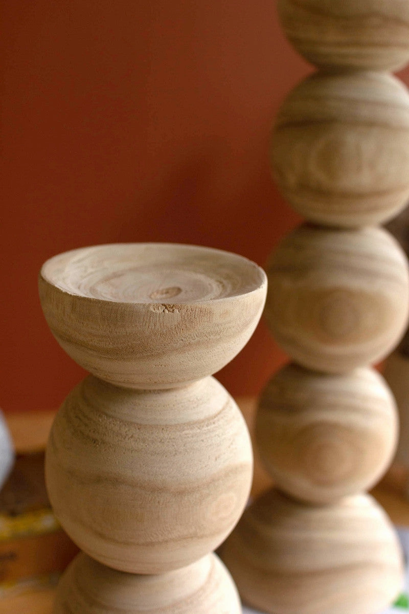 Set Of 2 Hand Carved Wooden Stacked Ball Candle Holders