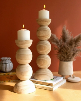 Set Of 2 Hand Carved Wooden Stacked Ball Candle Holders Candle Holders discount collection