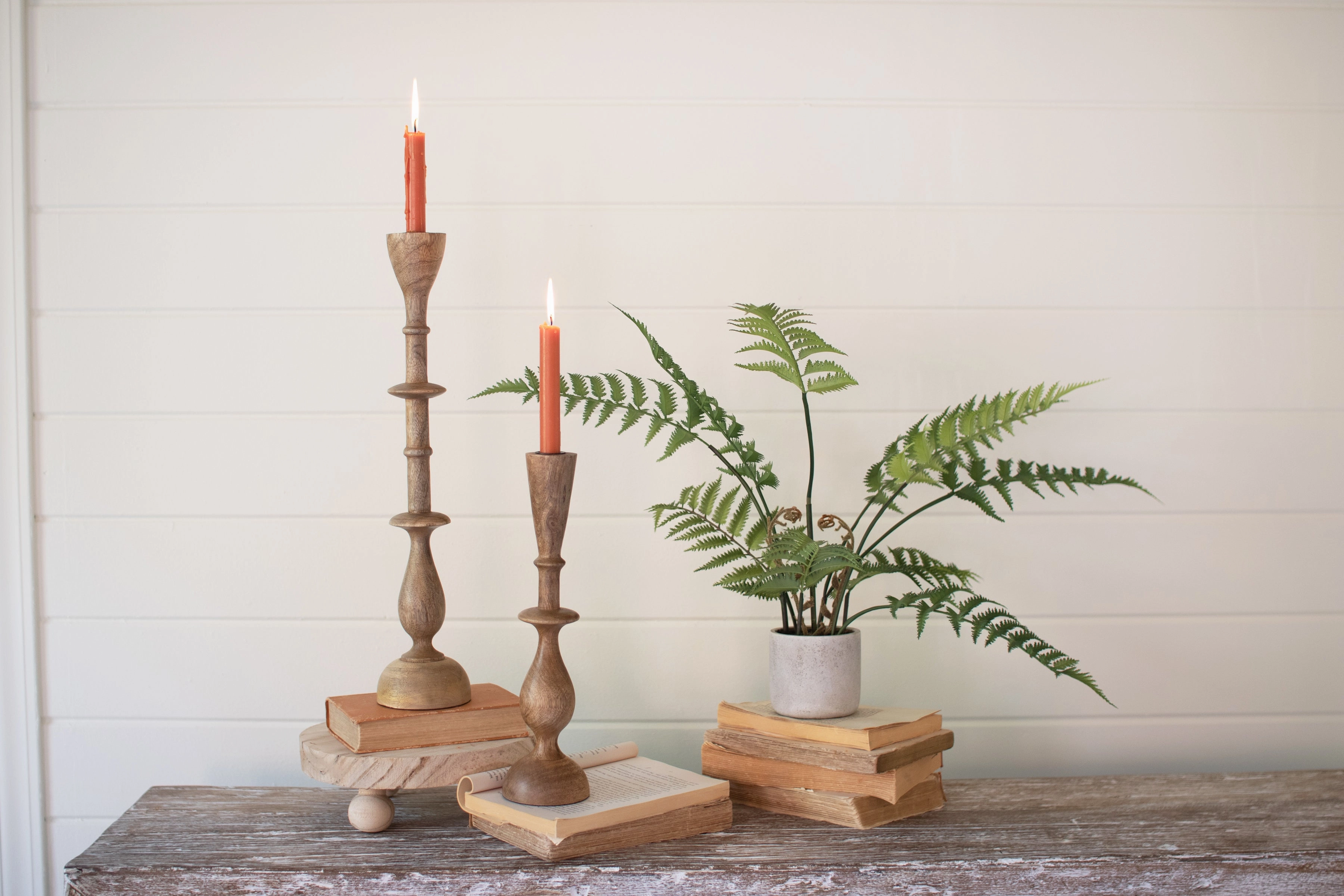 Set Of 2 Mango Wood Candle Stands