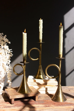 Set of 3 Antique Brass Trumpet Taper Candle Holders Candle Holders discount collection