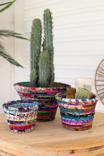 Set Of 3 Multi-Color Coiled Kantha Bowls Decorative Baskets clearance deals