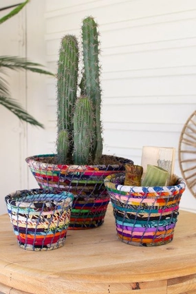 Set Of 3 Multi-Color Coiled Kantha Bowls Decorative Baskets clearance deals