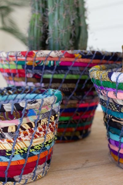 Set Of 3 Multi-Color Coiled Kantha Bowls