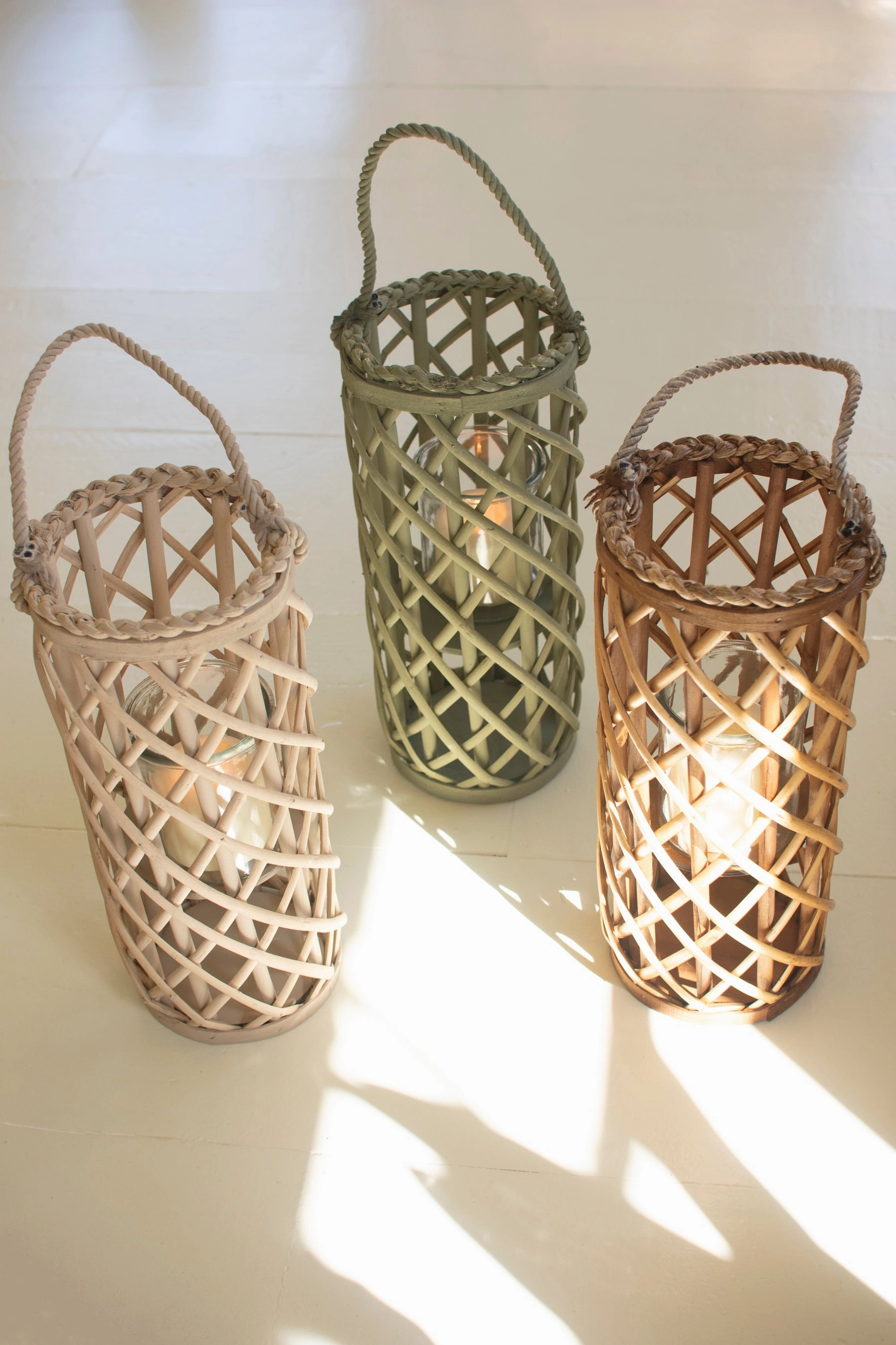 Set of 3 Short Willow Lanterns with Glass Inserts