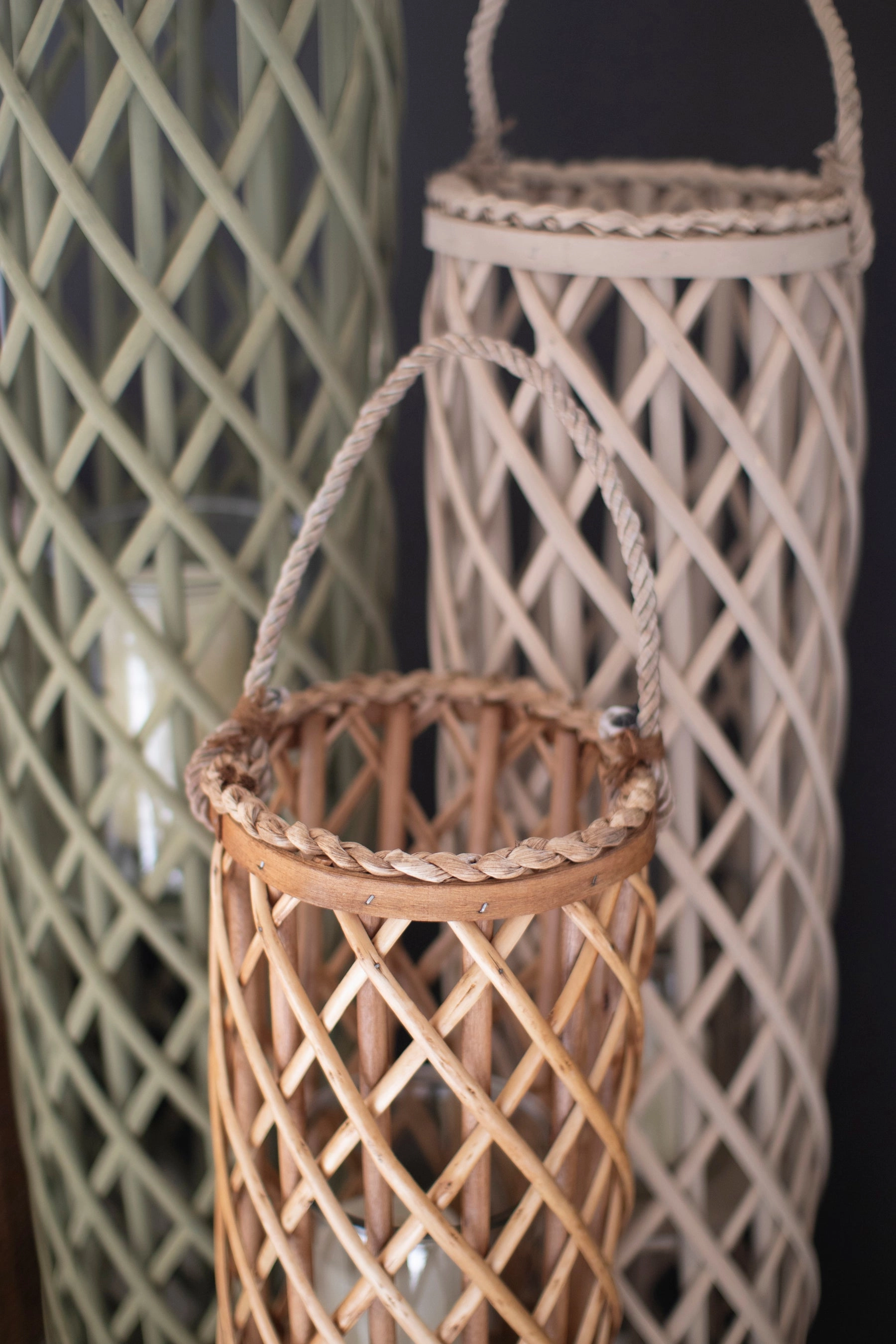 Set of 3 Tall Willow Lanterns with Glass Inserts