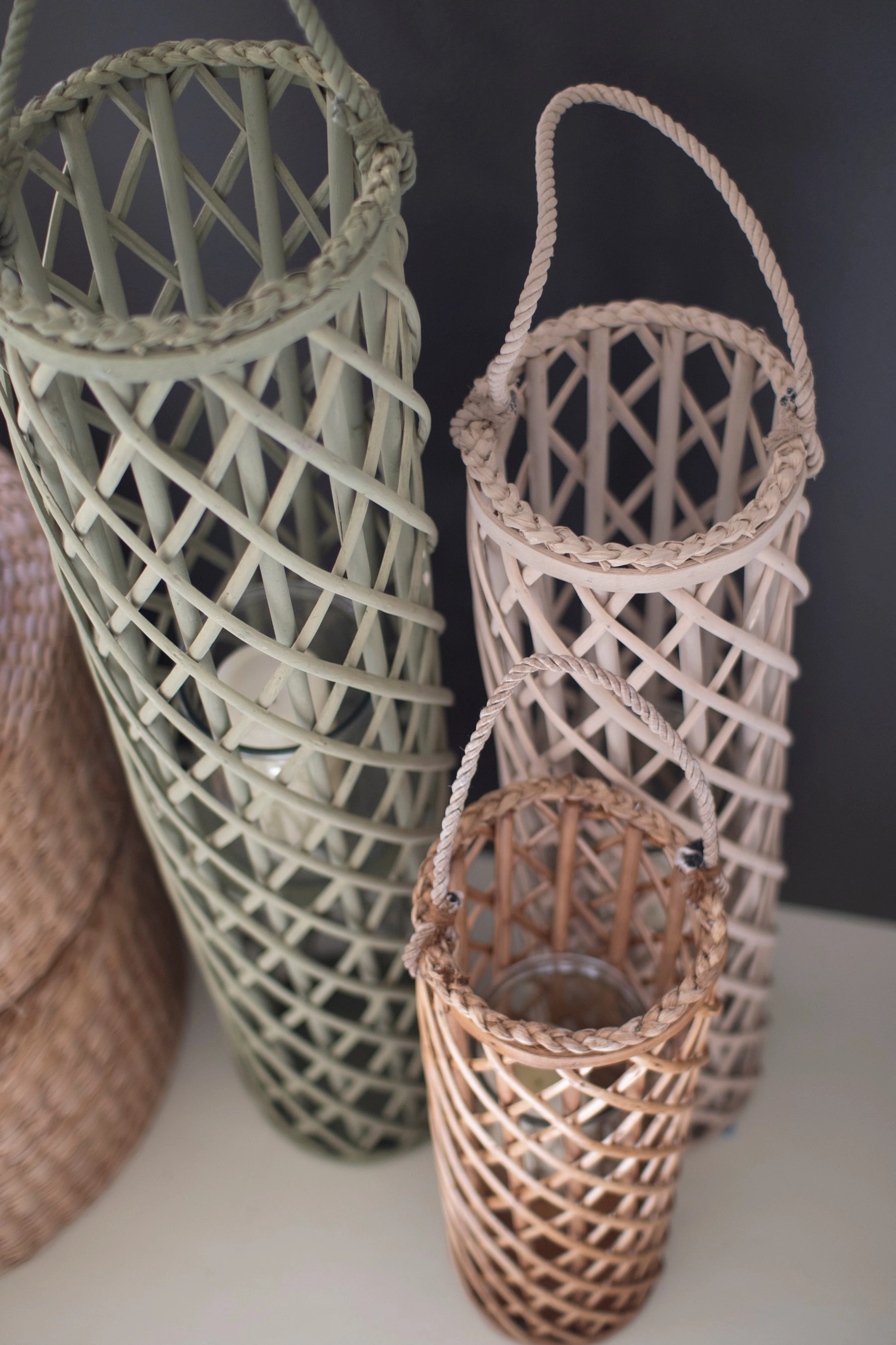 Set of 3 Tall Willow Lanterns with Glass Inserts