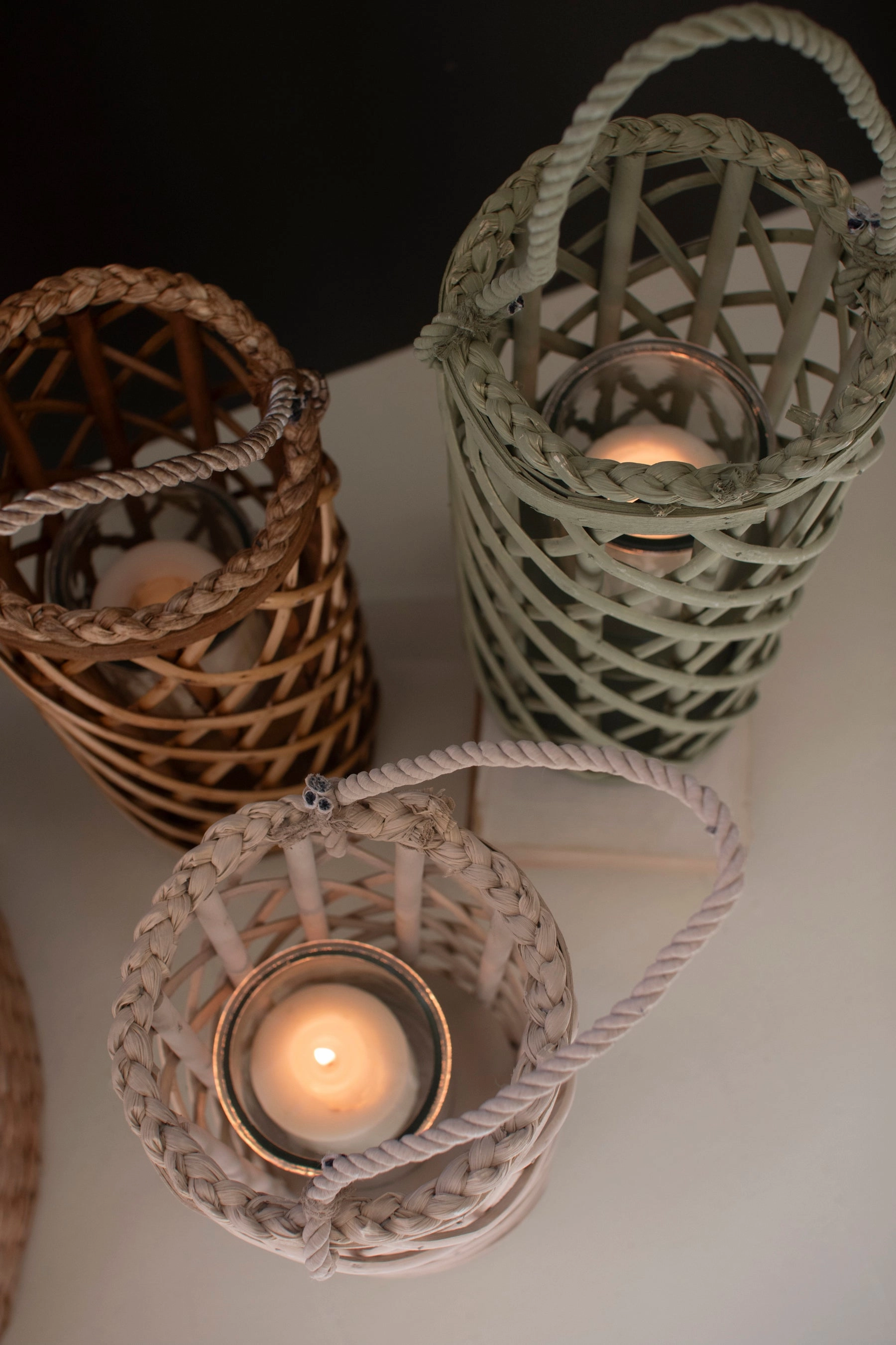 Set of 3 Tall Willow Lanterns with Glass Inserts