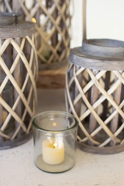 Set Of 4 Grey Willow Cylinder Lanterns With Glass Inserts