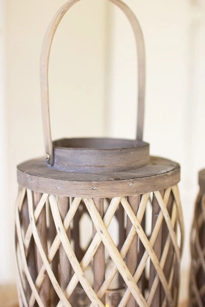 Set Of 4 Grey Willow Cylinder Lanterns With Glass Inserts