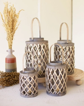 Set Of 4 Grey Willow Cylinder Lanterns With Glass Inserts Candle Holders discount collection