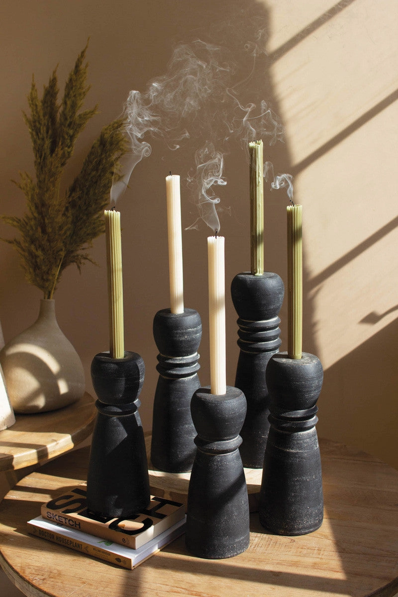 Set Of 5 Black Clay Taper Holders