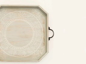 Set Of Two Gray and White Octagon Solid Wood Paisley Handmade Serving Tray With Handles Cooking Tools & Accessories outlet tools