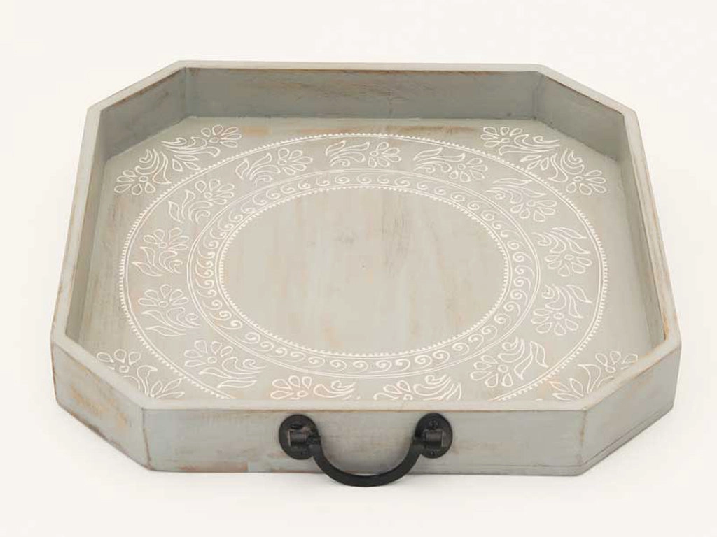 Set Of Two Gray and White Octagon Solid Wood Paisley Handmade Serving Tray With Handles
