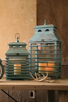 Set of Two Vintage Wood Blue Shutter Lanterns Candle Holders discount collection