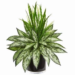 Silver Queen and Grass Artificial Plant in Black Vase Faux Florals home florals discount