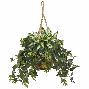 Silver Queen and Ivy Artificial Plant in Hanging Basket 30" Faux Florals home florals discount
