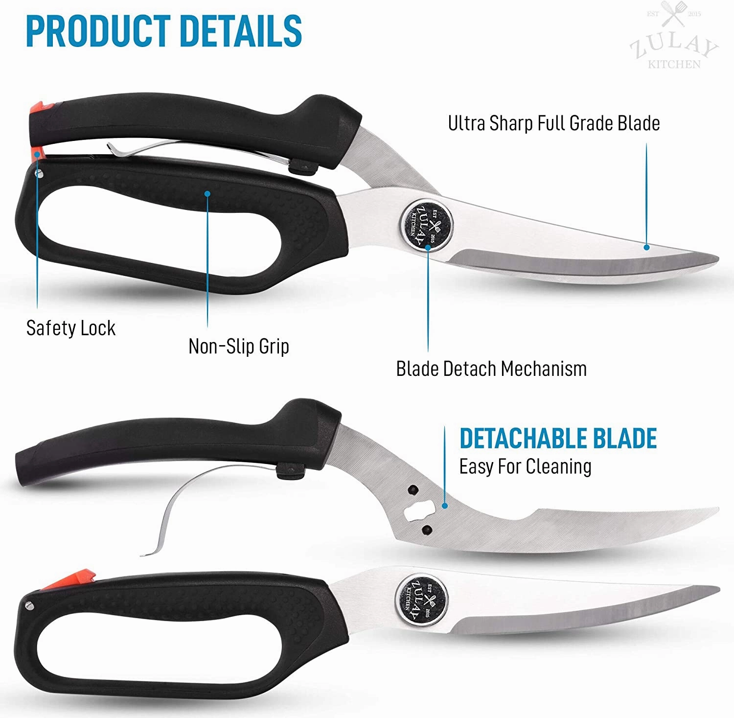 Spring-Loaded Kitchen Chicken Shears With Anti-Slip Handle & Safety Lock