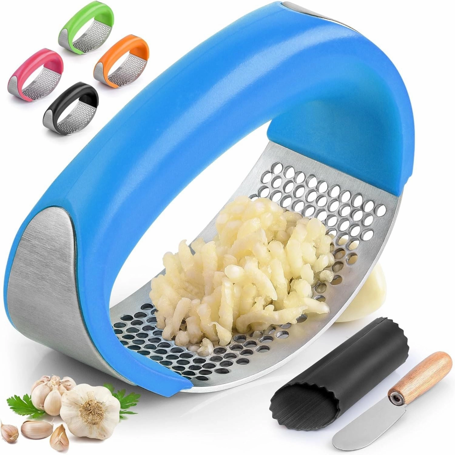 Stainless Steel Garlic Press Rocker Set With Comfortable Grip