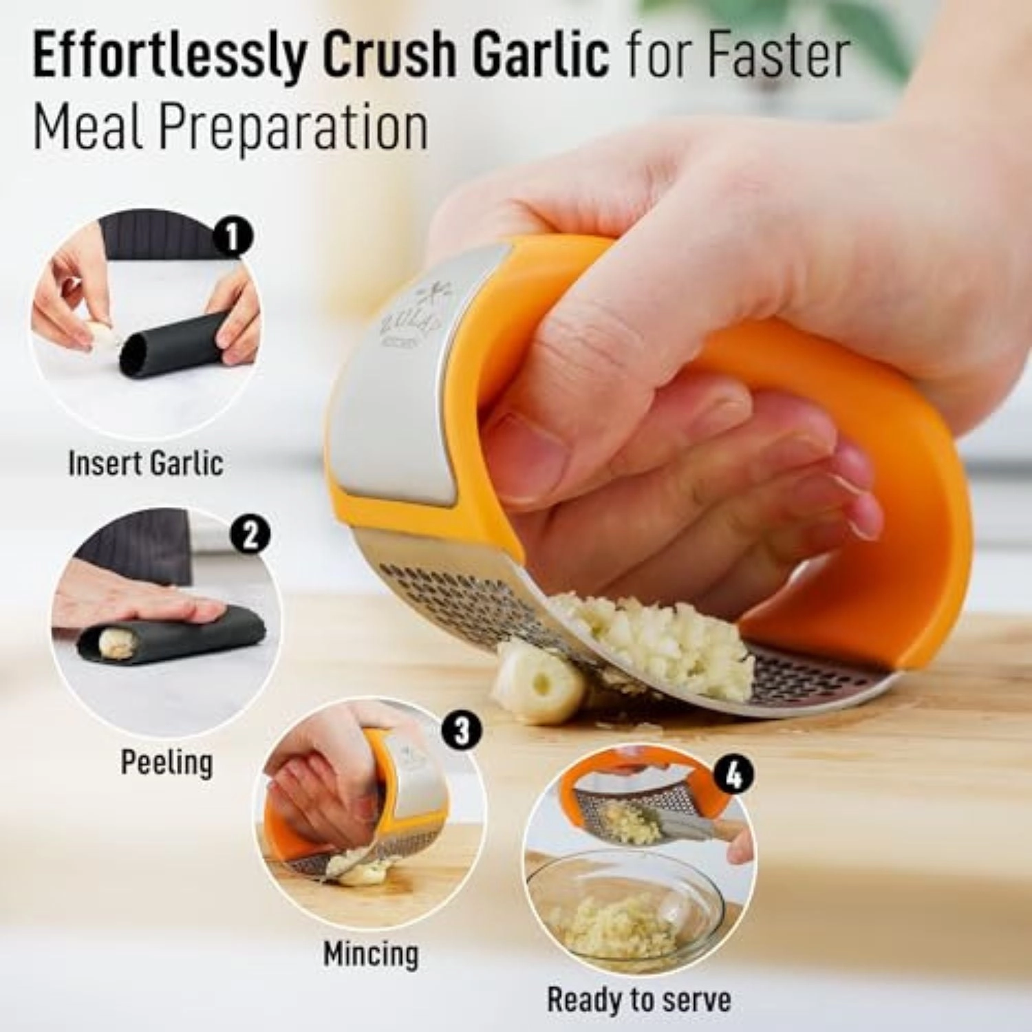 Stainless Steel Garlic Press Rocker Set With Comfortable Grip