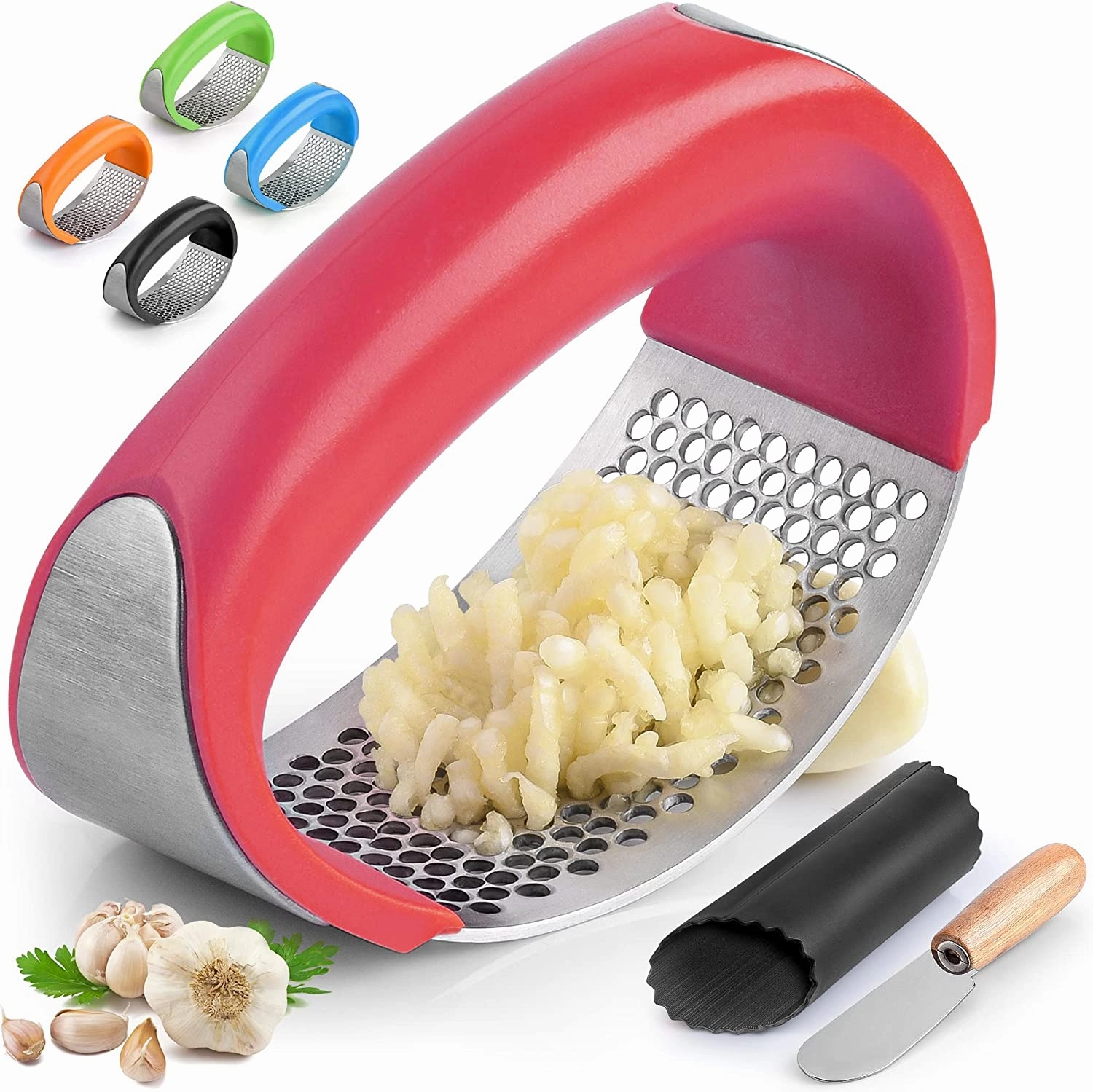 Stainless Steel Garlic Press Rocker Set With Comfortable Grip