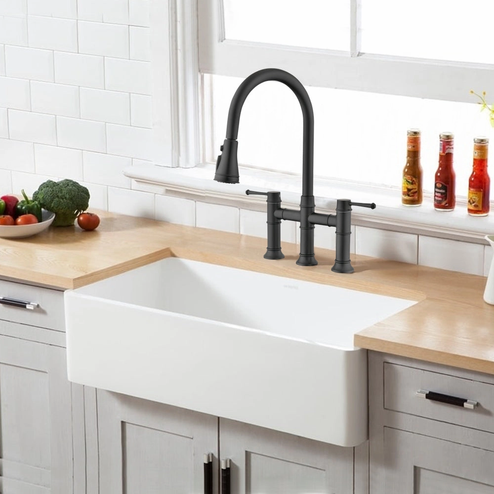 Streamdale Double Handle Bridge Kitchen Faucet With Pull-Down Spray Head