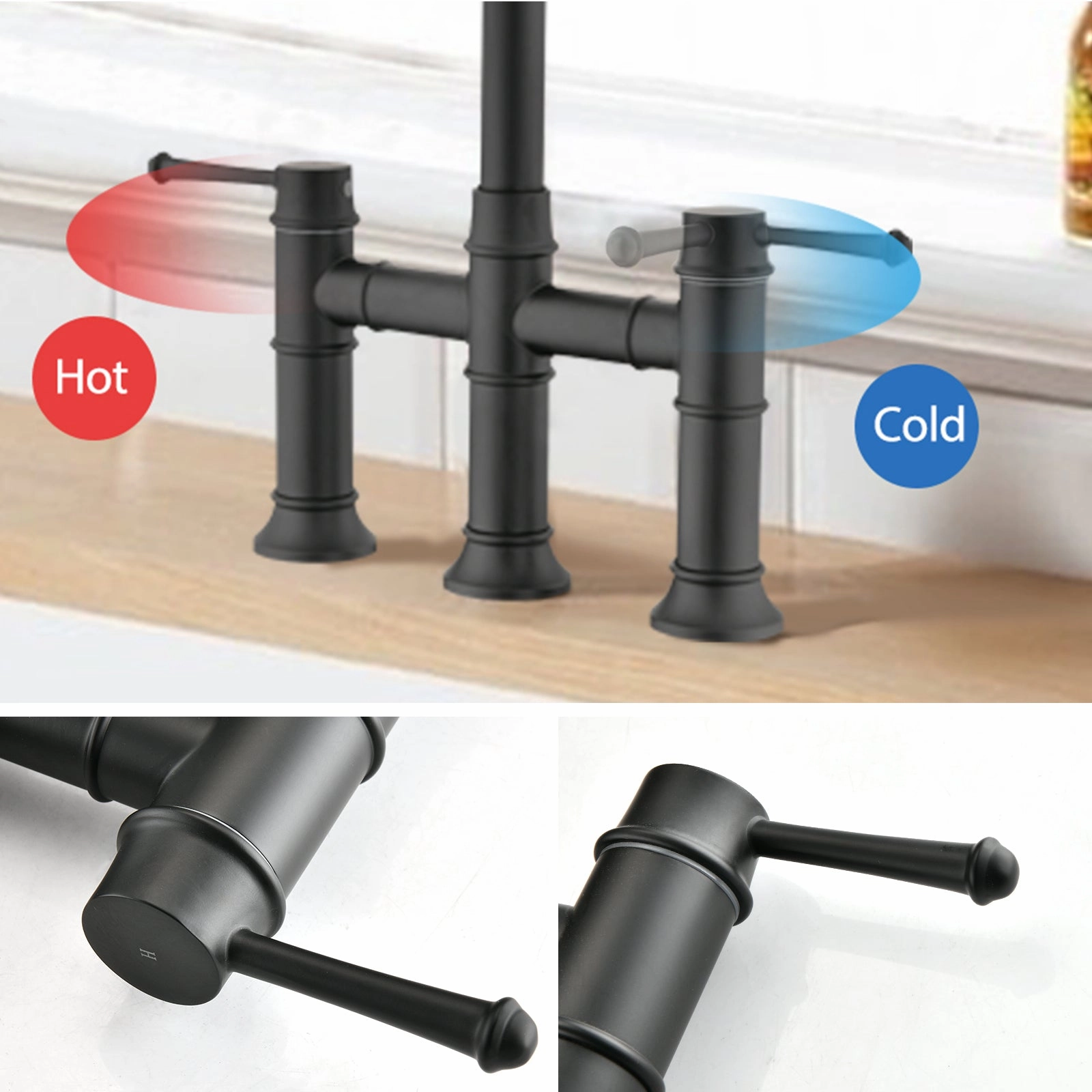 Streamdale Double Handle Bridge Kitchen Faucet With Pull-Down Spray Head