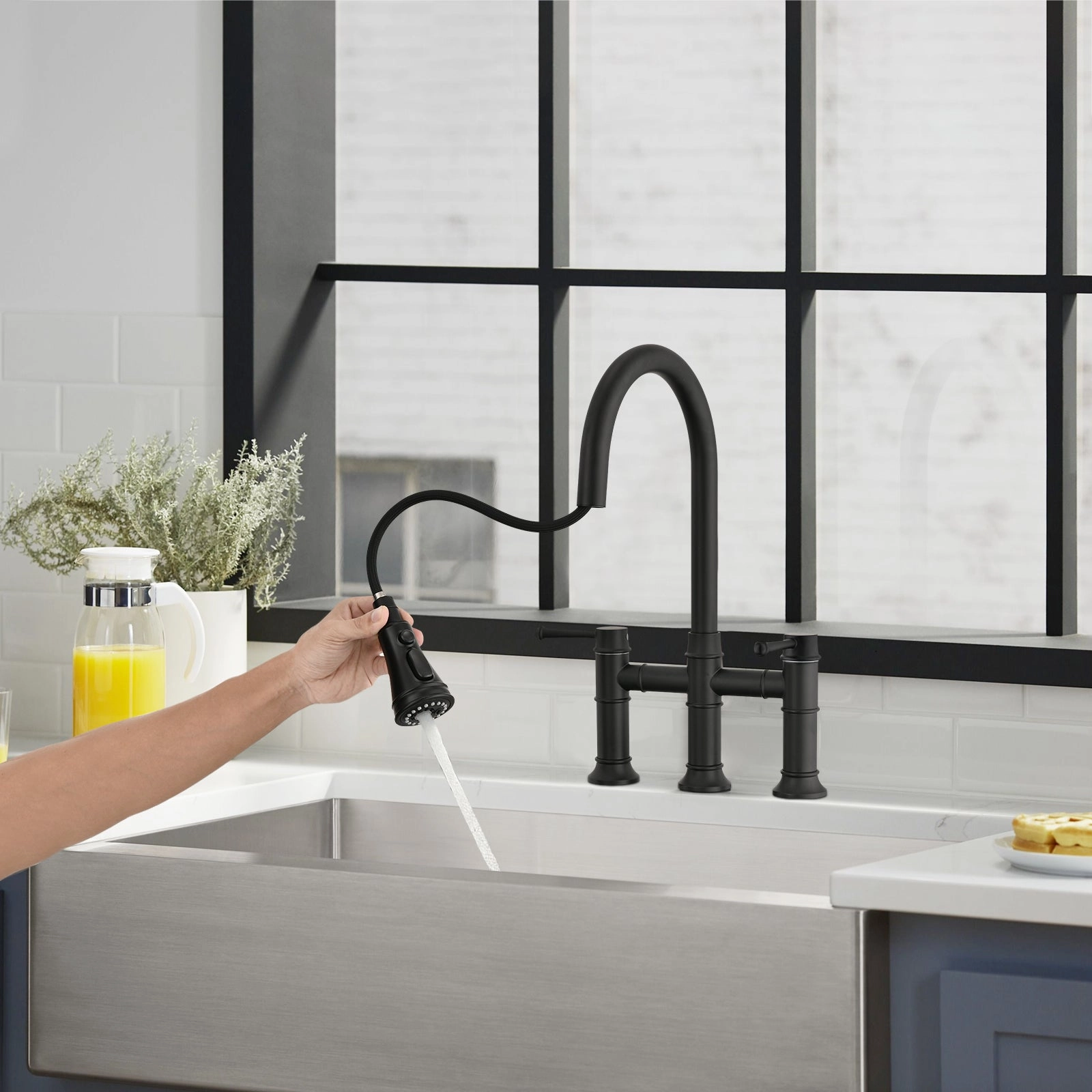 Streamdale Double Handle Bridge Kitchen Faucet With Pull-Down Spray Head