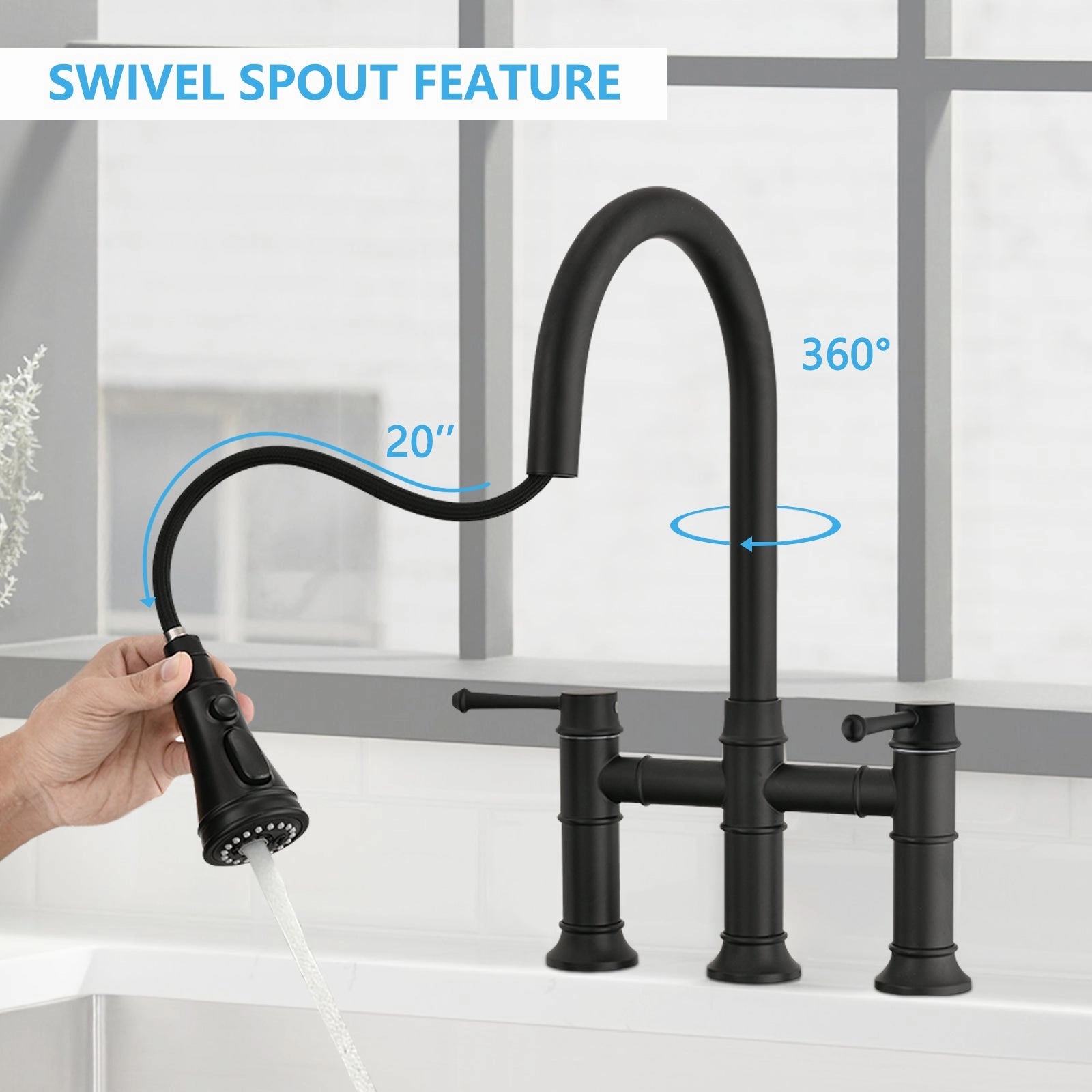 Streamdale Double Handle Bridge Kitchen Faucet With Pull-Down Spray Head