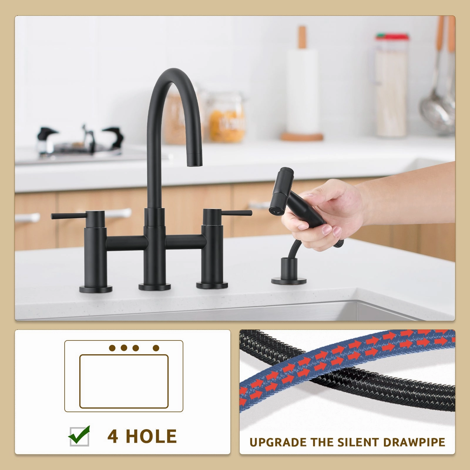 Streamdale Double Handle Bridge Kitchen Faucet With Side Spray