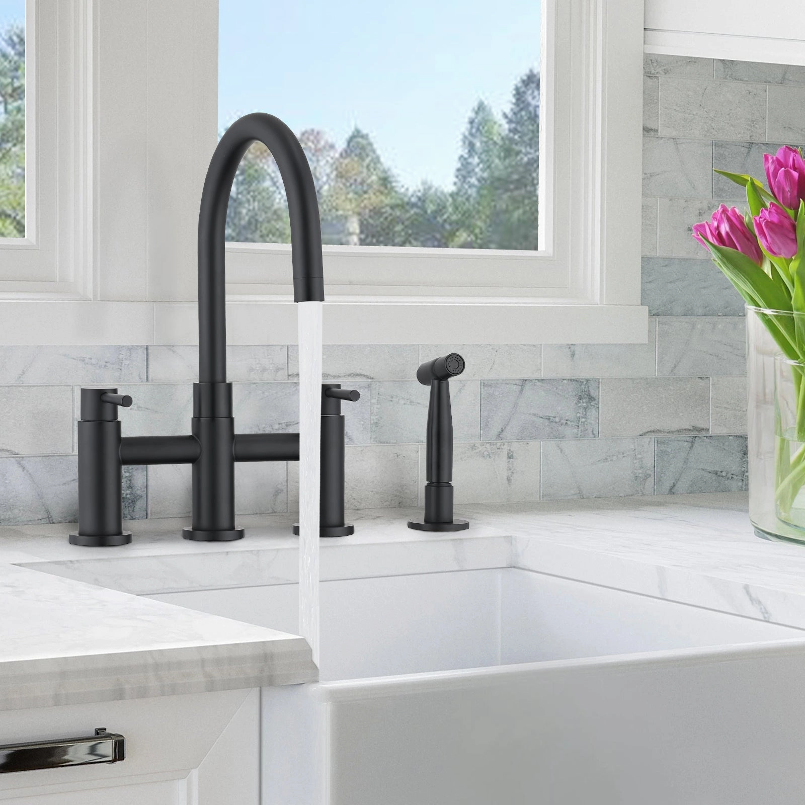 Streamdale Double Handle Bridge Kitchen Faucet With Side Spray