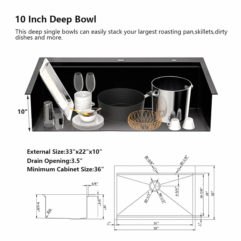 Streamdale Workstation 33-Inch Drop-In 16 Gauge Kitchen Sink R10 Radius