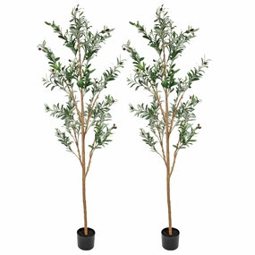 Sunnydaze Artificial Olive Tree Tall Faux Silk Plant for Indoor Spaces in Black Planter Base - 7 ft - 2pk Faux Florals home florals discount