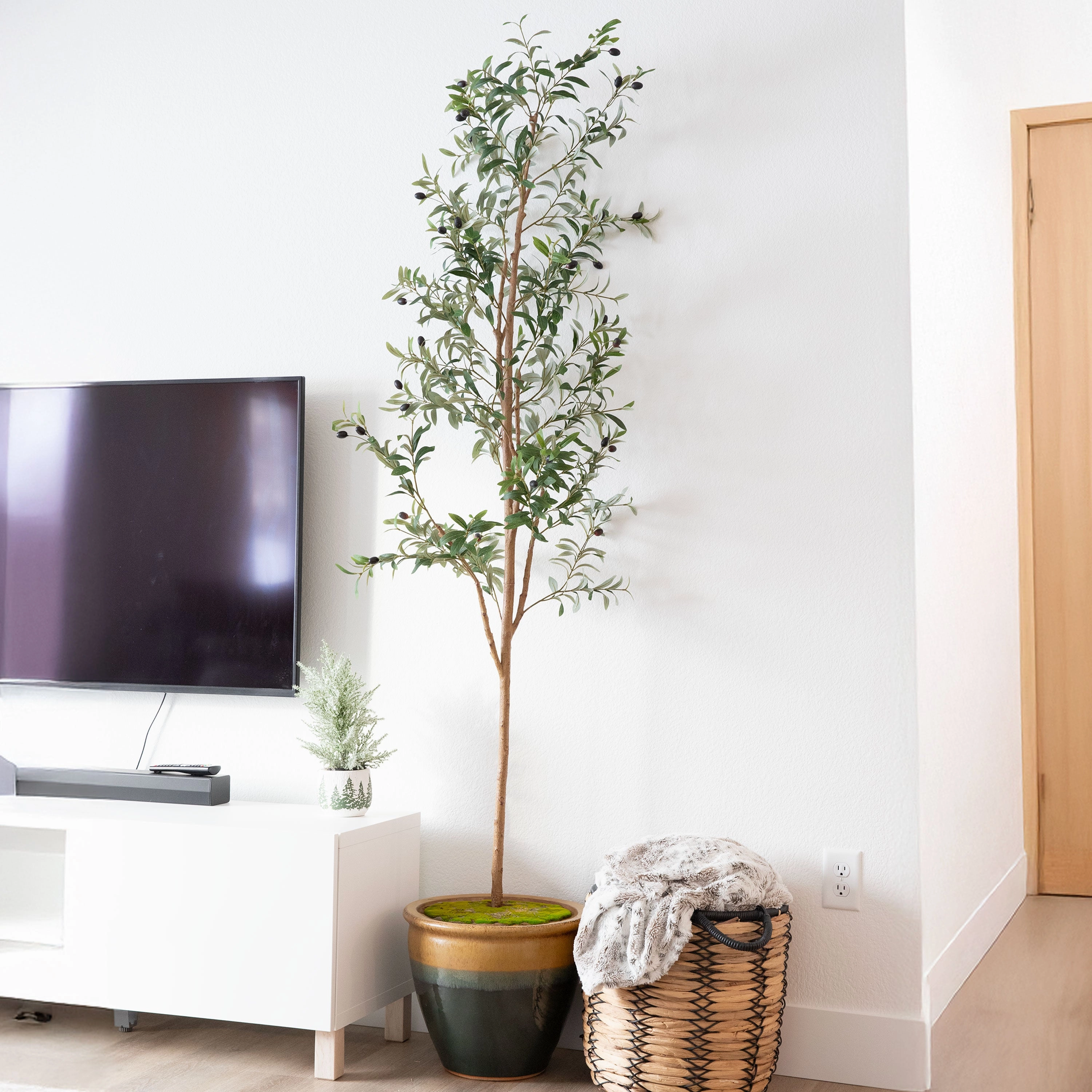 Sunnydaze Artificial Olive Tree Tall Faux Silk Plant for Indoor Spaces in Black Planter Base - 7 ft - 2pk