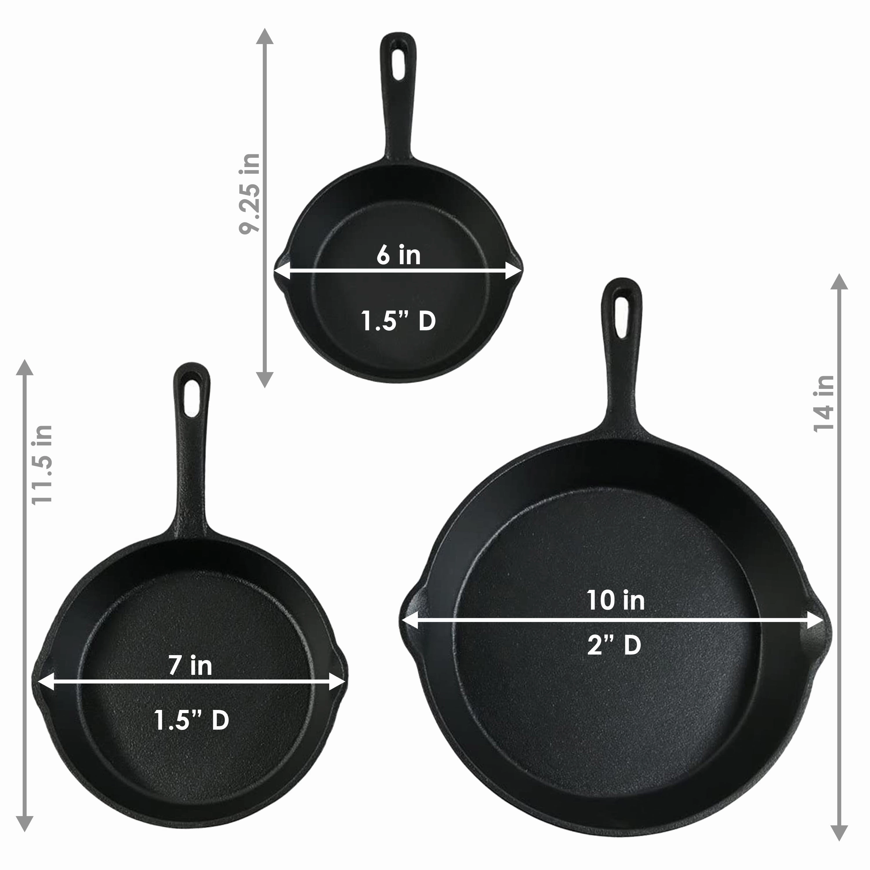 Sunnydaze Indoor/Outdoor Heavy-Duty Pre-Seasoned Cast Iron Skillet Frying Pan Set - 6", 7", and 10" - Black - 3pc