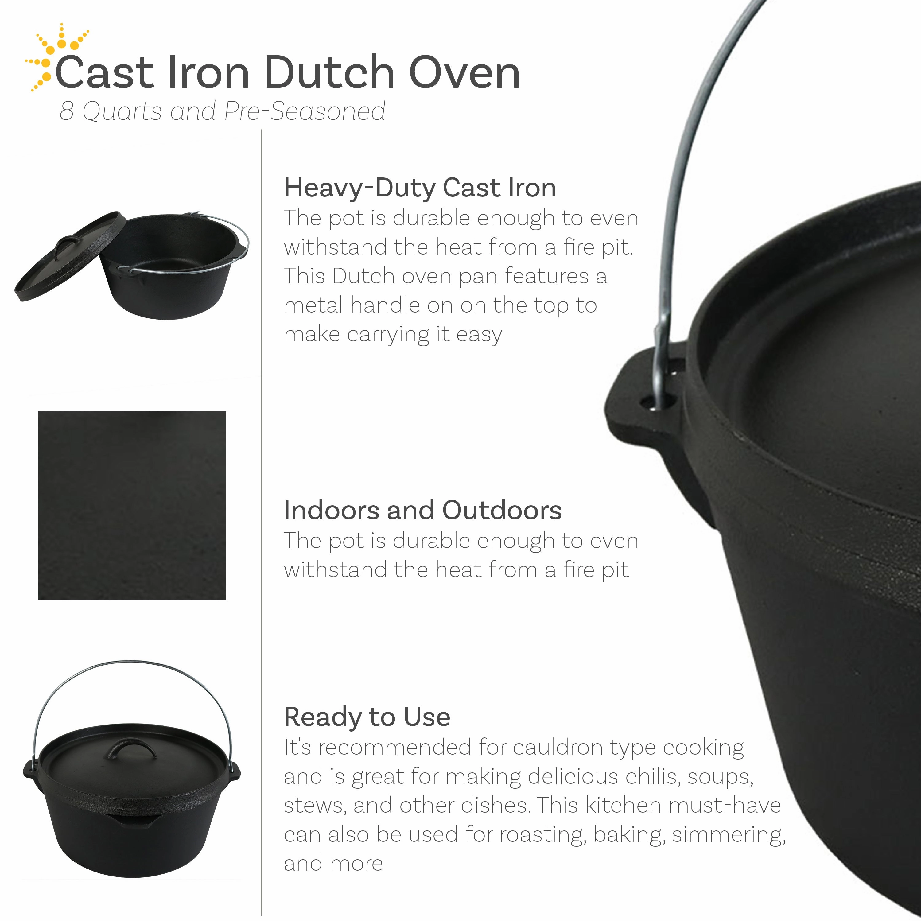 Sunnydaze Indoor/Outdoor Large Pre-Seasoned Cast Iron Dutch Oven Pot with Lid and Handle - 8 qt - Black