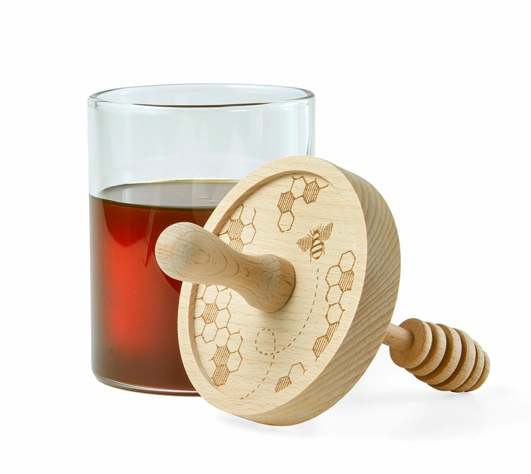 Talisman Designs Glass Honey Jar with Laser Etched Beechwood Lid & Integrated Honey Dipper, Honey Bee Collection