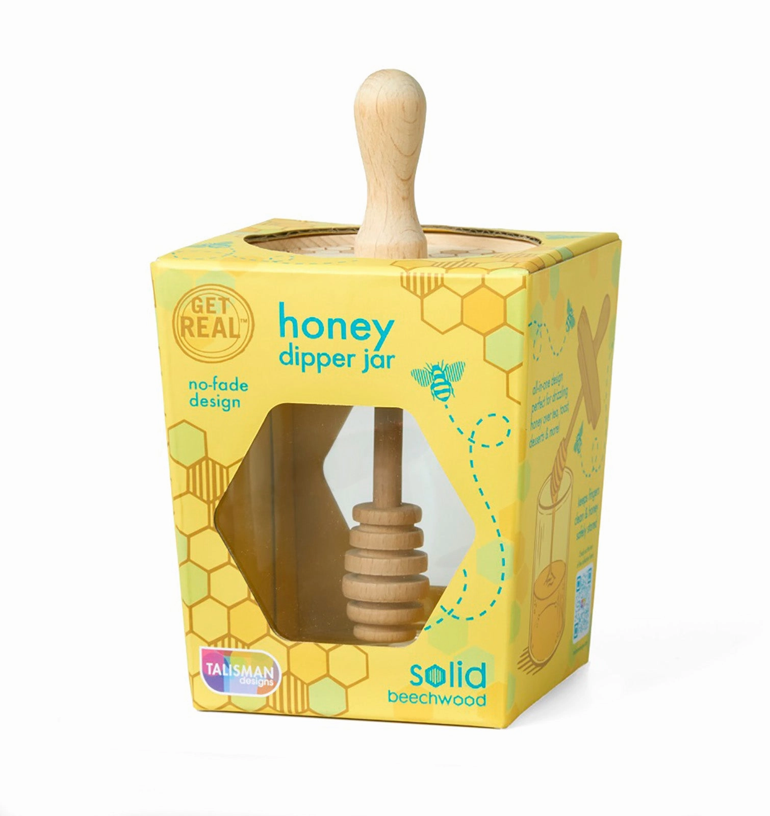 Talisman Designs Glass Honey Jar with Laser Etched Beechwood Lid & Integrated Honey Dipper, Honey Bee Collection