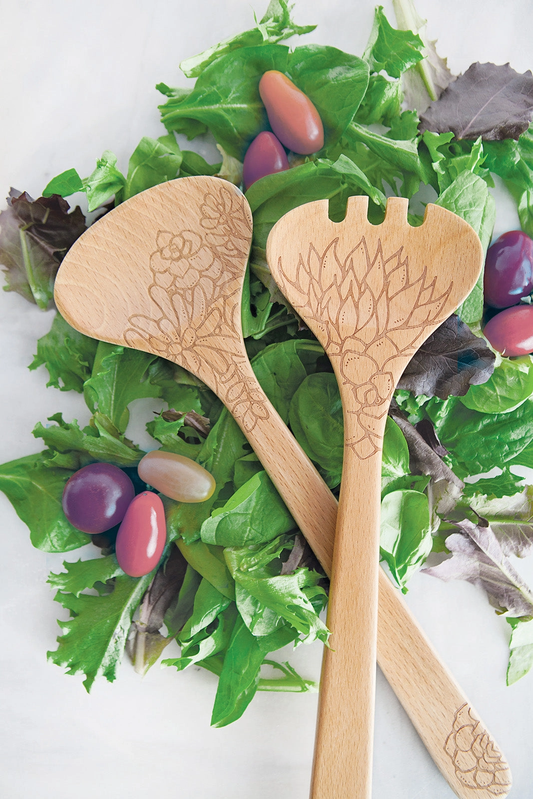 Talisman Designs Laser Etched Beechwood Salad Serving Set, Succulent Collection, Set of 2