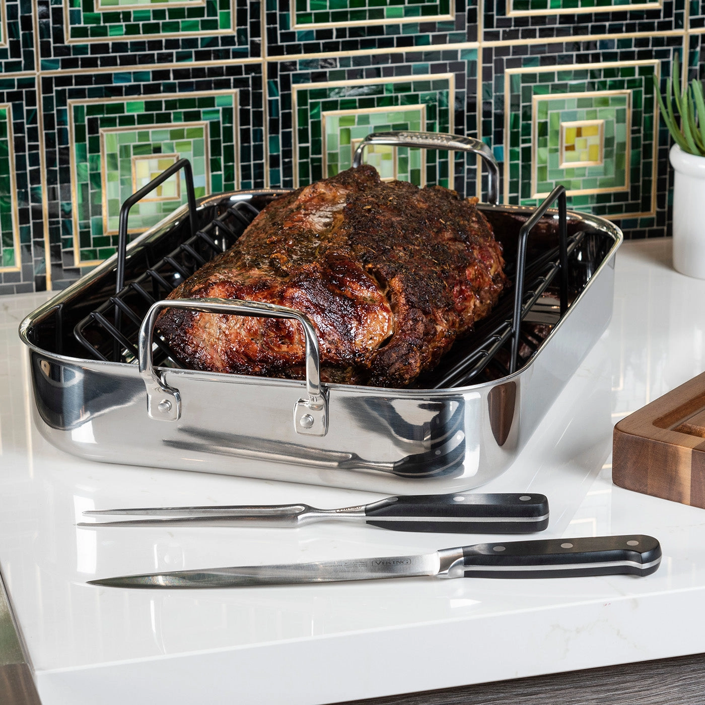 Viking 3-Ply Roasting Pan, 13-Inch x 16-Inch w/ Carving Set, Stainless