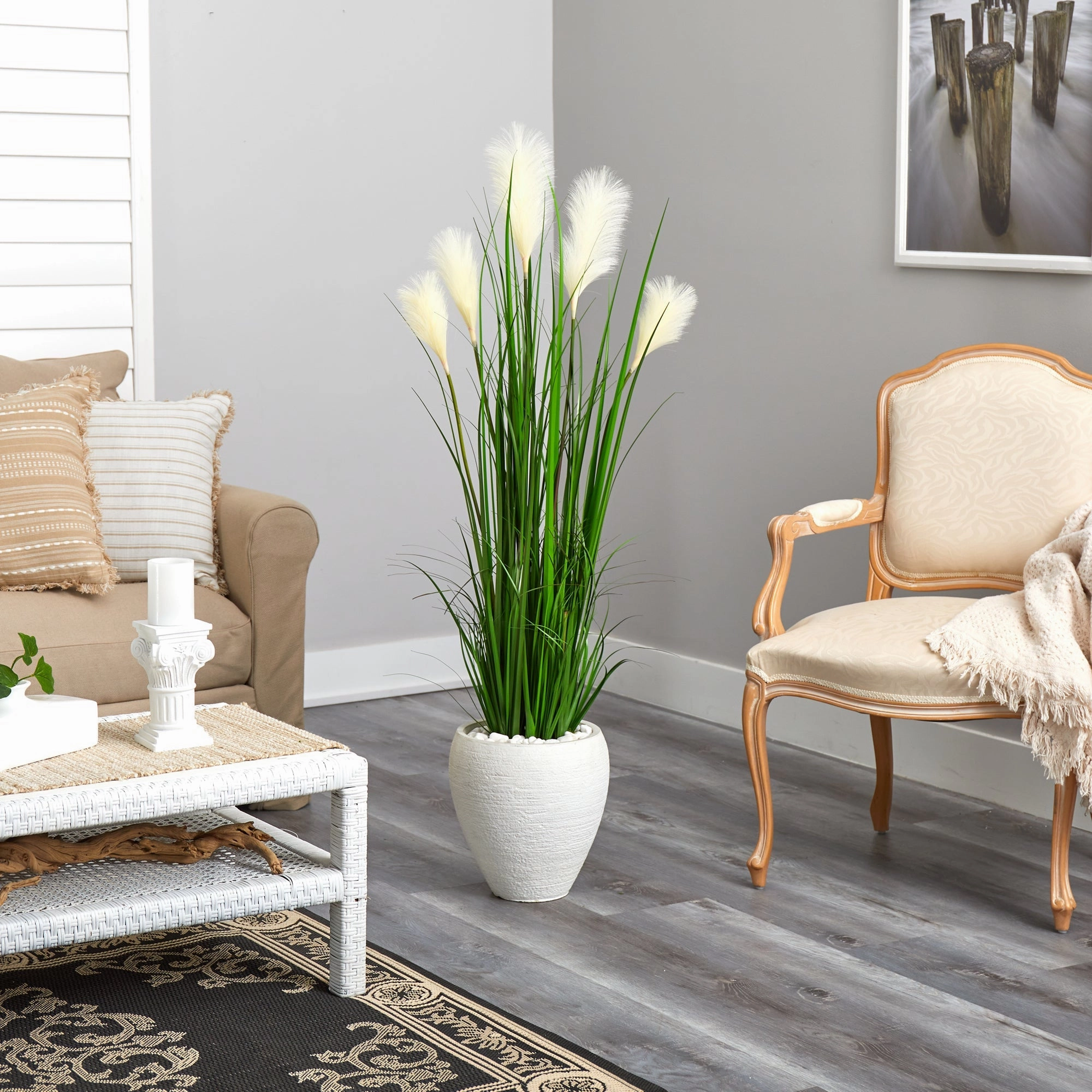 Wheat Plum Grass Artificial Plant in White Planter 4.5'