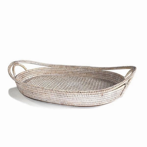 White Wash Rattan Oval Open Handle Tray 21" Decorative Trays cheap sale