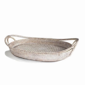 White Wash Rattan Oval Open Handle Tray 21" Decorative Trays cheap sale