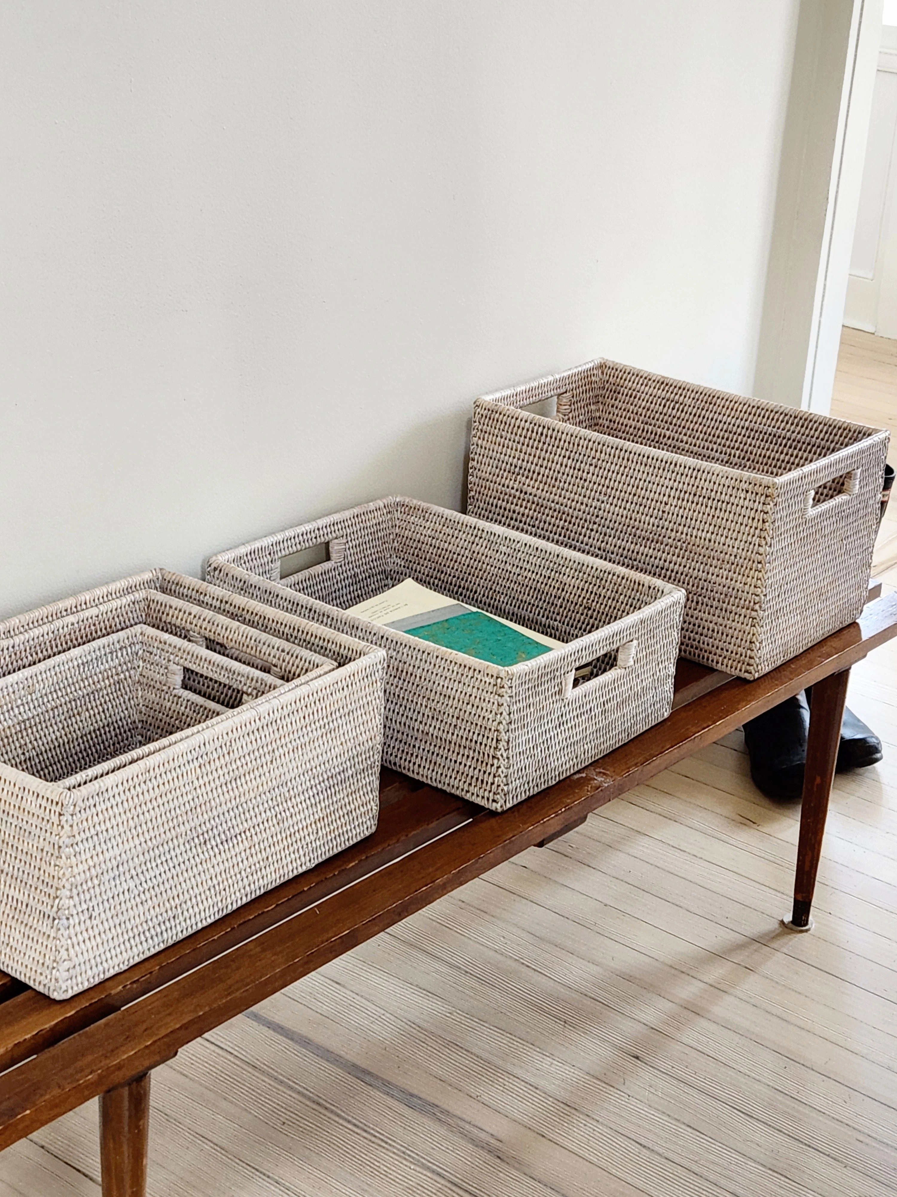 White Wash Rattan Rectangular Set of 3 Baskets w/ Handles