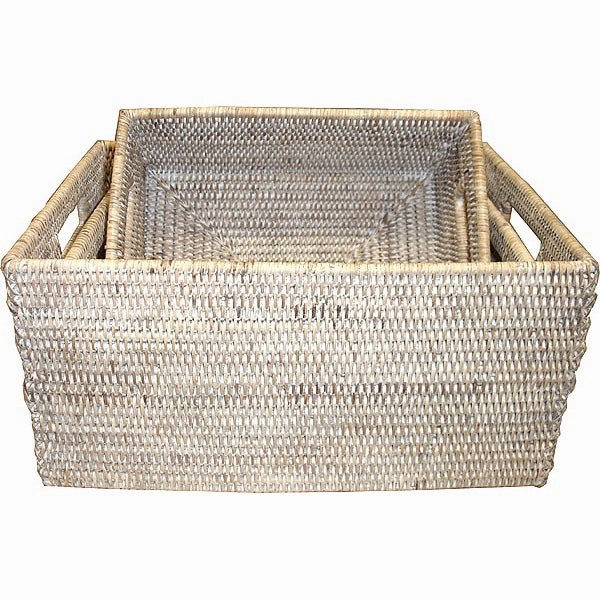 White Wash Rattan Rectangular Set of 3 Baskets w/ Handles Decorative Baskets clearance deals