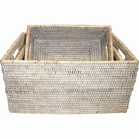 White Wash Rattan Rectangular Set of 3 Baskets w/ Handles Decorative Baskets clearance deals